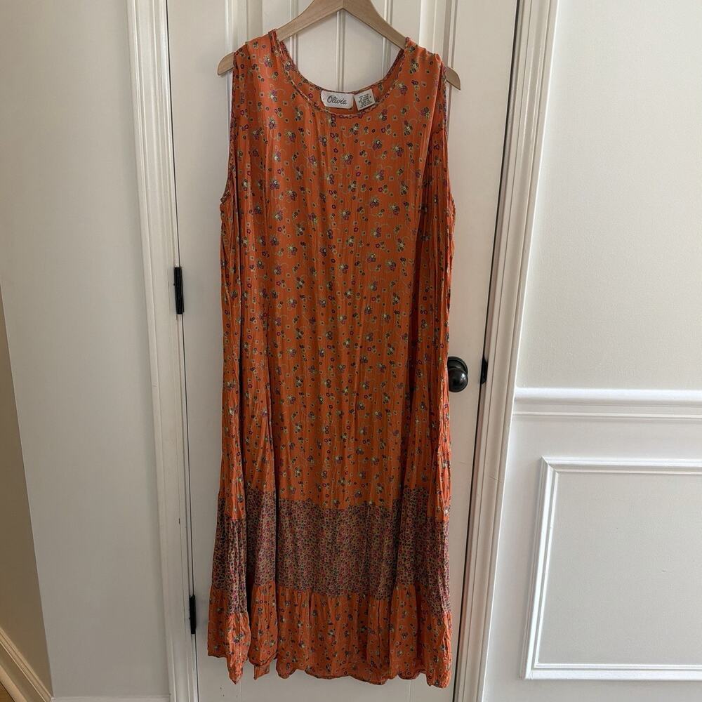 Vintage Olivia floral orange tropical maxi dress Miu Miu style women’s size 1x